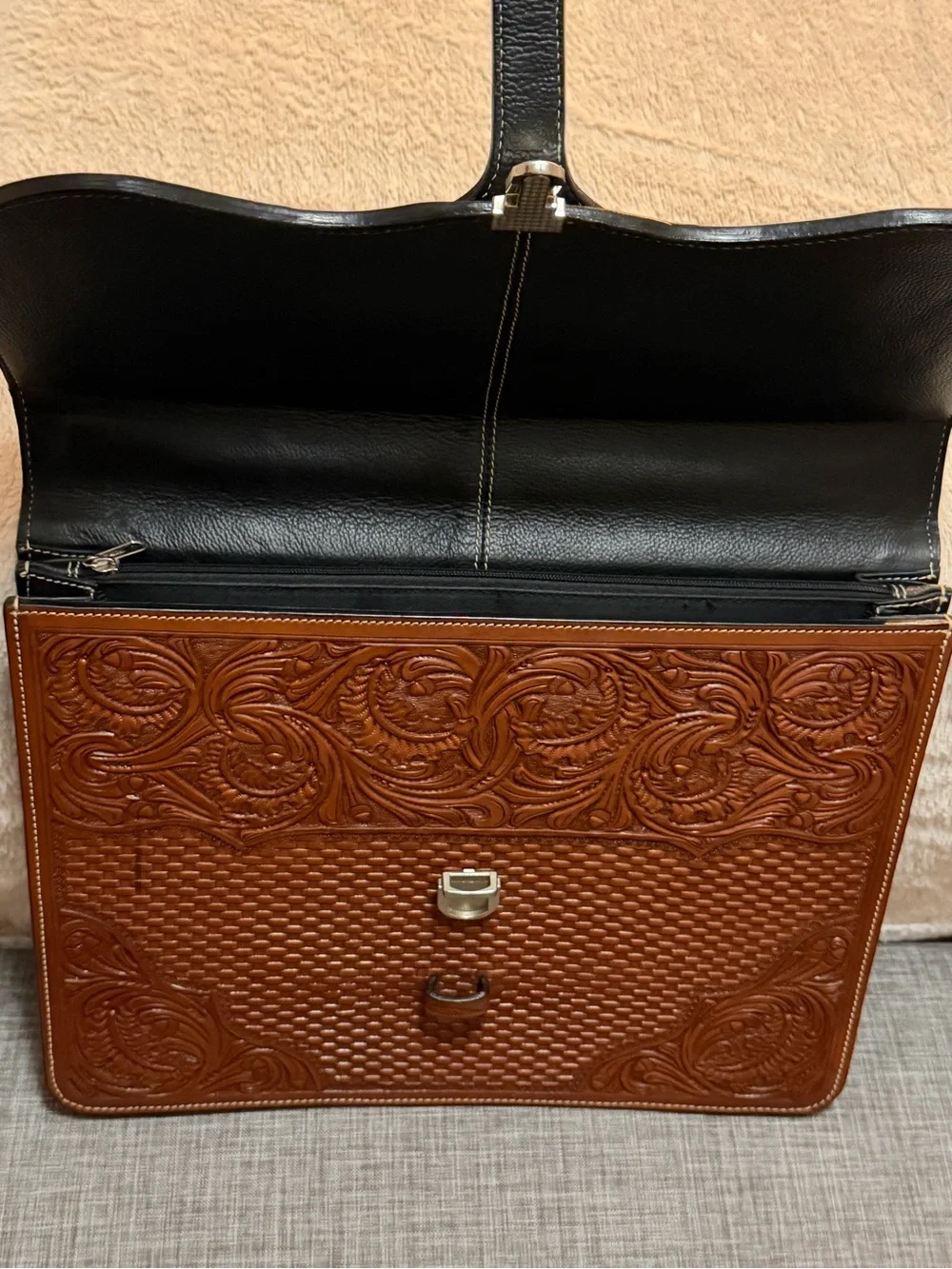 Premium Tooled Leather Crossbody Briefcase - Brown